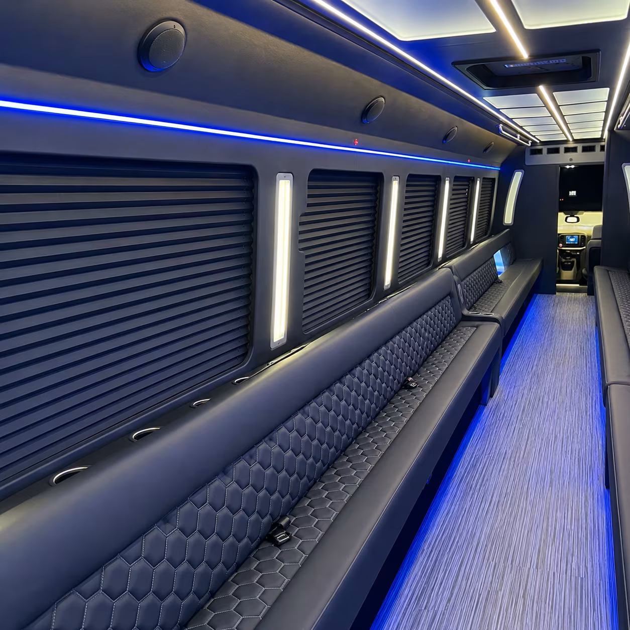 Group beside a Mercedes Sprinter limo in Rancho Cucamonga