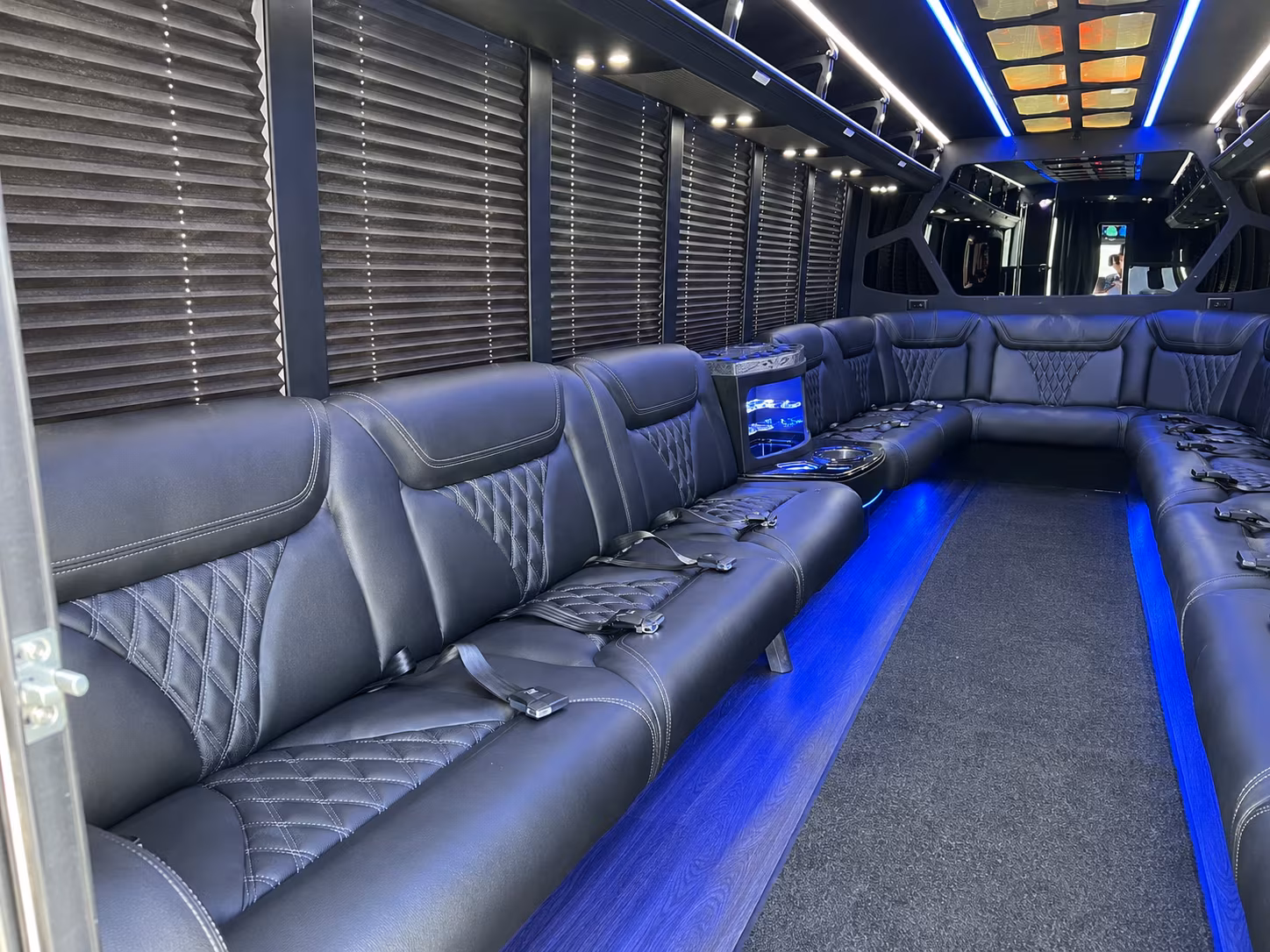 Interior of a party bus rental serving Rancho Cucamonga